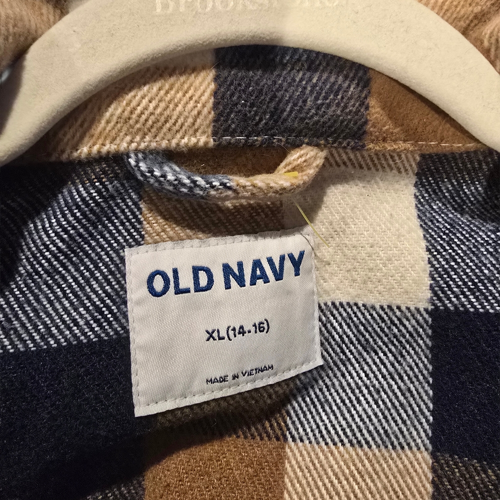 Old Navy Blue and Tan Checkered Flannel Jacket Shirt Sz 16 Youth - Picture 4 of 6
